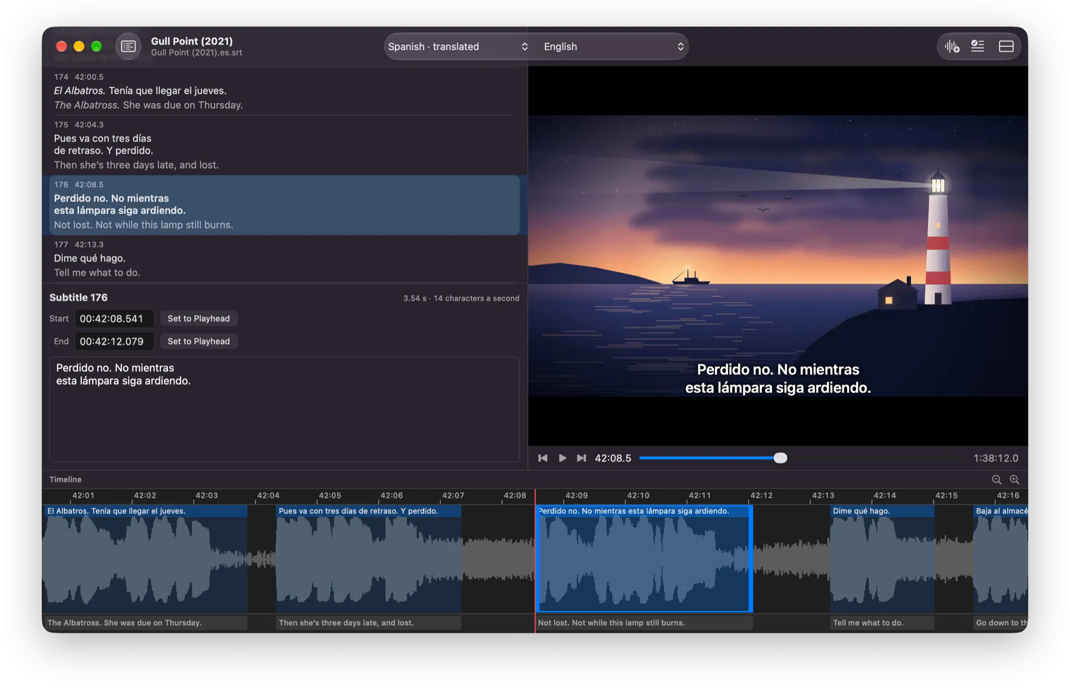 A video’s window: an animated film with Spanish subtitles over it, the subtitles listed with the English they were translated from, and a timeline of the sound
