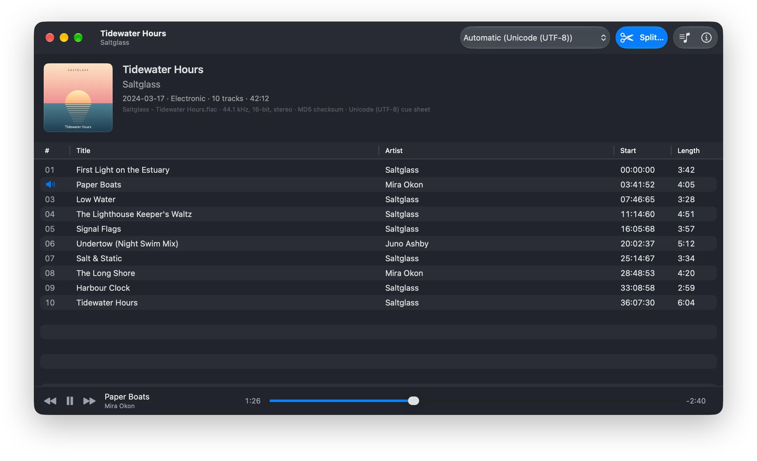 CueSplit showing an album’s track list and cover art, with a track playing